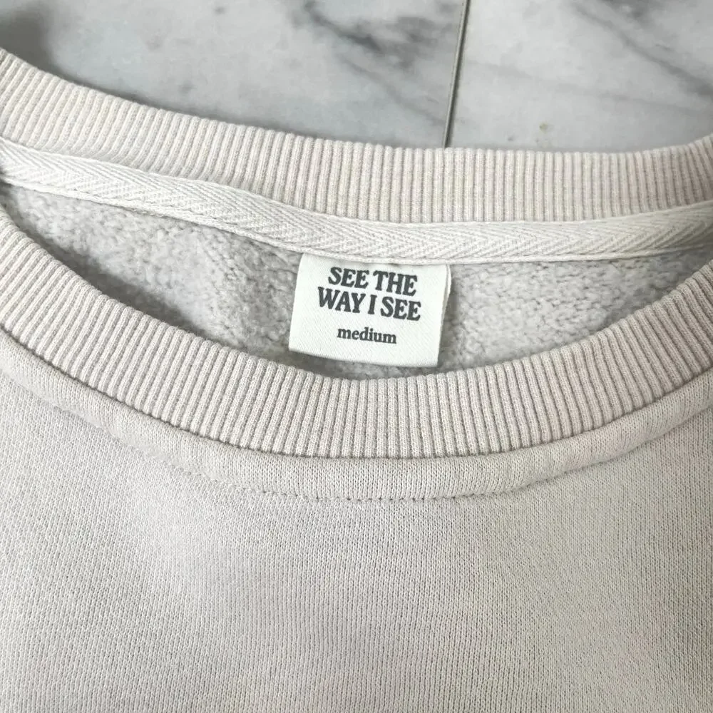 SEE THE WAY I SEE “Tired” Appliqué Sweatshirt Medium Oversized Beige Crewneck - Picture 5 of 10